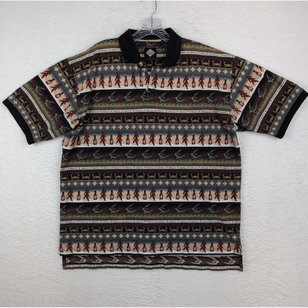 Vintage Tabasco All Over Print Polo Shirt Sz XL 100% Cotton 90s Y2K